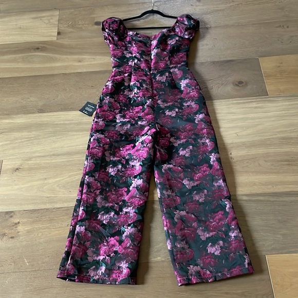 Lulus New Glam Black Floral Jacquard Bustier Off-the-Shoulder Jumpsuit Sz Large - Picture 12 of 14